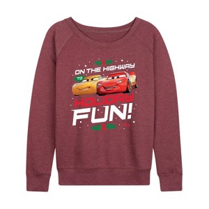 Women's - Disney - On The Highway To Holiday Fun Lightweight French Terry Wide Neck Long Sleeve Shirt - 1 of 4