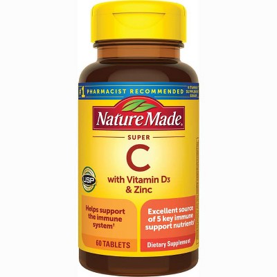 Nature Made Super C with Vitamin D3 and Zinc, Dietary Supplement for Immune Support, 60 Tablets, 60 Day Supply.