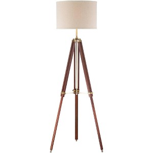 Possini Euro Design Serveyor Modern 57 1/2" Tall Tripod Floor Lamp Smart Socket Cherry Wood Brass Adjustable Beige Shade for Living Room - 1 of 4