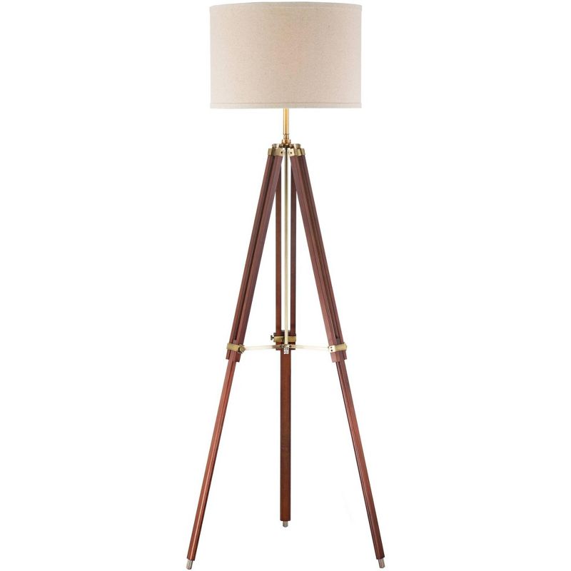 Possini Euro Design Serveyor Modern 57 1/2" Tall Tripod Floor Lamp Smart Socket Cherry Wood Brass Adjustable Beige Shade for Living Room, 1 of 9