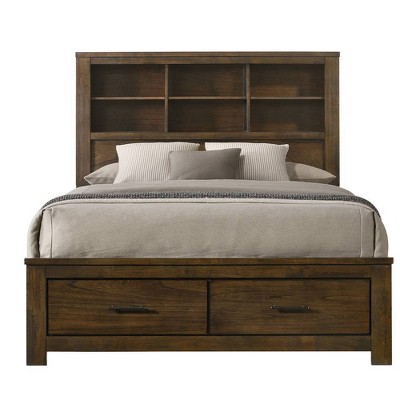 King Oak Wood Frame Bed with Storage Drawers and Headboard