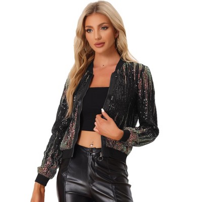 INSPIRE CHIC Women's Sequin Long Sleeve Zipper Front Sparkle Bomber Jackets