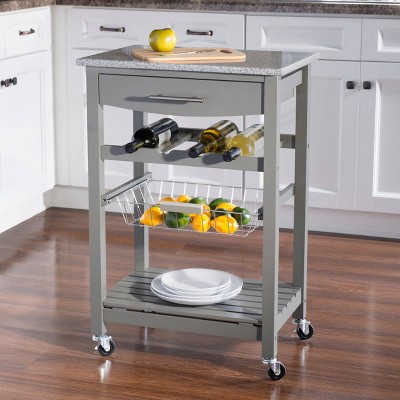 Gray Granite Top Kitchen Cart with Wine and Spice Rack