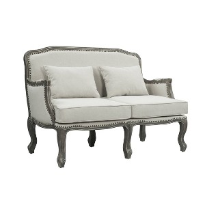 56" Tania Sofas Cream Linen and Brown Finish - Acme Furniture: French Cabriole, Nailhead Trim, No Assembly Required - 1 of 4