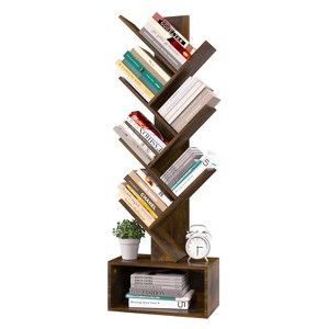 Aoibox 6 Shelf Tall Tree Bookshelf Floor Standing Wood Storage Rack Organizer for Books CDs Movies Rustic Brown - 1 of 4