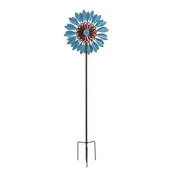 Hourpark Outdoor Sunflower Wind Spinner with 360 Degree Dual Kinetically Moving Rotation for Parkway, Patio, Courtyard, or Lawn, Blue and Bronze
