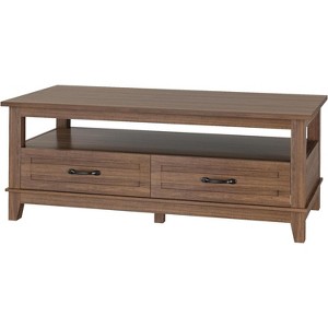 47.2" Farmhouse Coffee Table with Drawers and Open Shelf, Rustic Walnut Wood Grain Finish, Sturdy 6-Leg Center Table for Living Room - 1 of 4