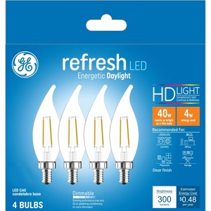 GE 4pk 40W Refresh LED CAC Decorative Light Bulbs Daylight: Dimmable Candelabra E12, 5000K, Energy Star, Chandelier Use - 1 of 4