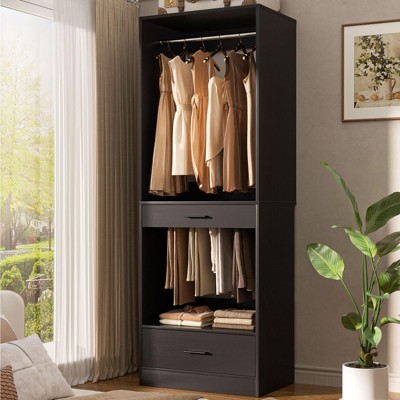 Aheaplus Closet System Organizer with Hanging Area, Freestanding Wooden Closet with Drawers