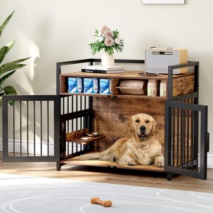 Large Dog Crate Storage Furniture With Adjustable Raised Feeder, Heavy Duty Dog Kennels for Large/Medium Dog - 1 of 4
