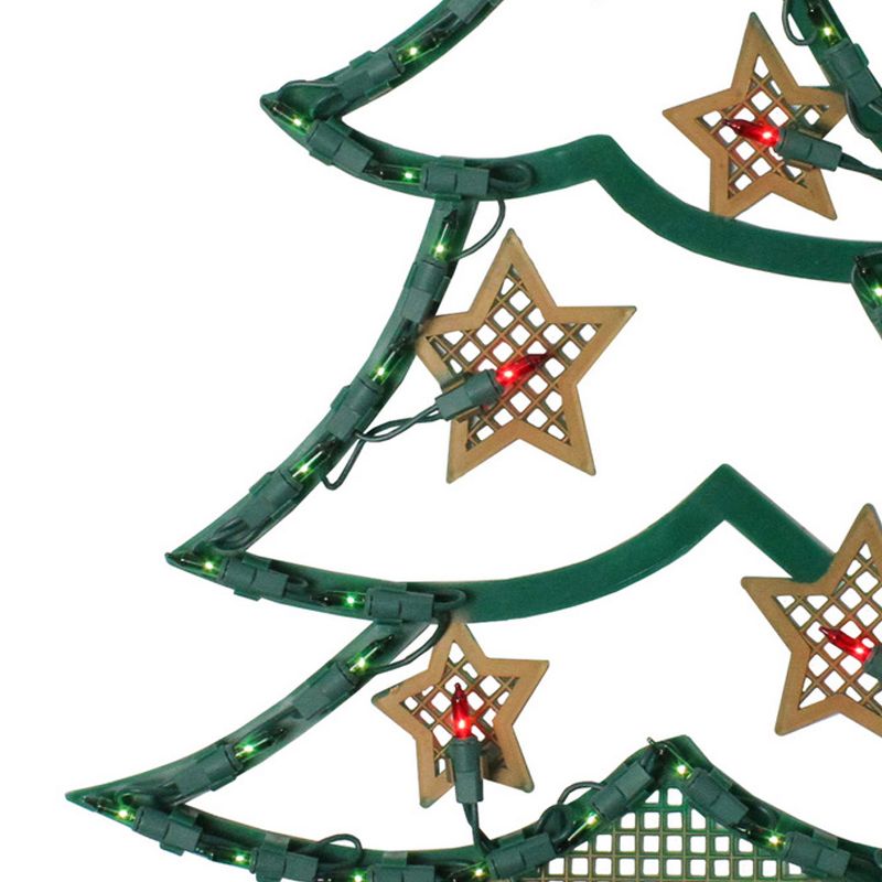 Northlight 17.75" Lighted Green and Gold Christmas Tree with Stars Outdoor Window Silhouette, 3 of 4