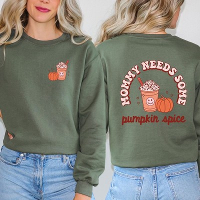 Simply Sage Market Women's Graphic Sweatshirt Retro Mommy Needs Some Pumpkin Spice Lightning Bolt Front and Back