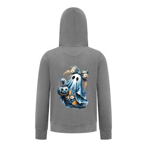 Everyday Kids Coquette Ghost Halloween Zip-Up Hoodie – Cute Ghost with Bow & Pumpkin Lantern – Cozy Fall Sweatshirt, Charcoal Gray - 1 of 3