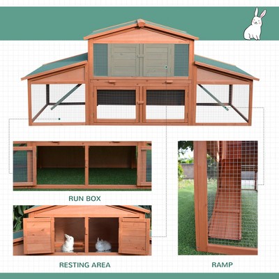 Large Brown Wooden Rabbit Hutch with Double Ramps and Weatherproof Roof