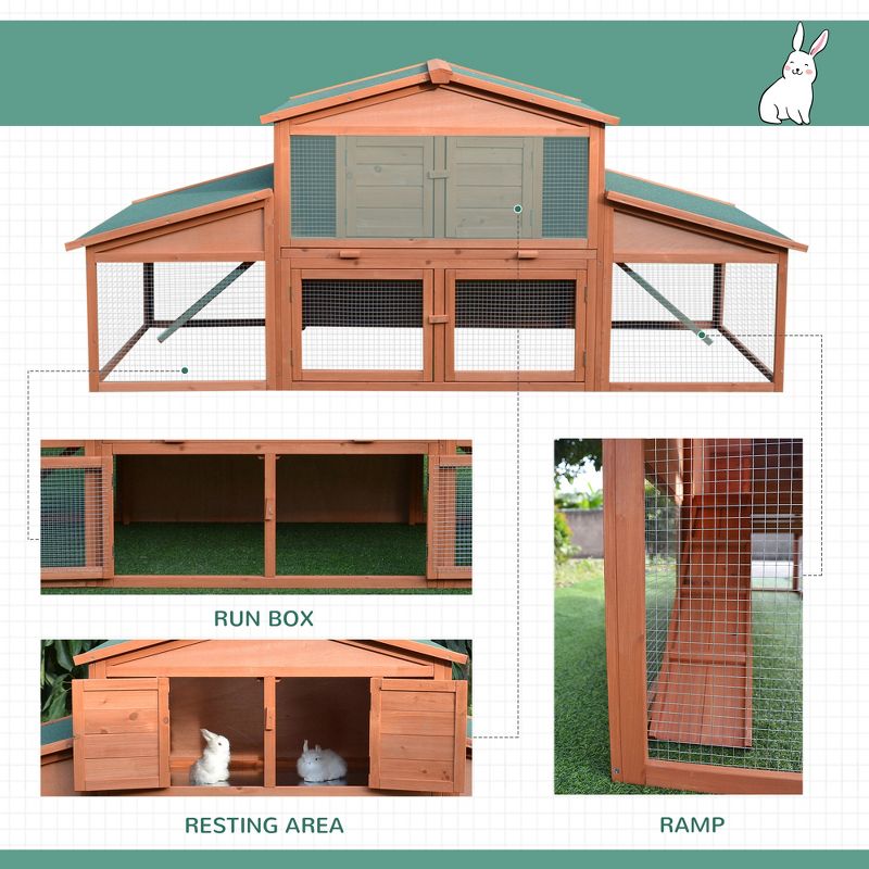 PawHut 88.5" Wooden Rabbit Hutch Bunny Hutch Guinea Pig House with Removable Tray, Double Ramp and Weatherproof Asphalt Roof for Outdoor, 5 of 9