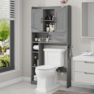 Over The Toilet Storage Cabinet with 2 Barn Doors, Sliding Door, Adjustable Shelves & Hooks, Grey - 1 of 4