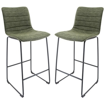 LeisureMod Brooklyn 29.9" Modern Leather Bar Stool Set of 2 with Black Iron Base, Footrest, Counter Height Chairs for Kitchen Island, Home Bar Seating
