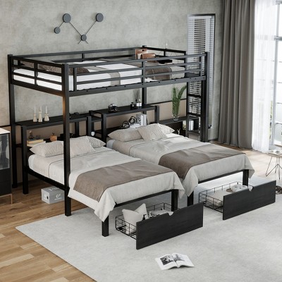 NicBex Metal Twin over Twin&Twin Bunk Bed,Triple Twin Bunkbeds with USB,Ladder&Storage Shelves,Bunk Bed Frame for Teens&Adults,300/350lbs Max,Black