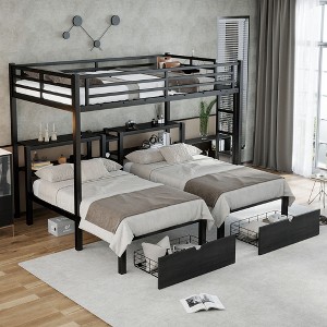 NicBex Metal Twin over Twin&Twin Bunk Bed,Triple Twin Bunkbeds with USB,Ladder&Storage Shelves,Bunk Bed Frame for Teens&Adults,300/350lbs Max,Black - 1 of 4