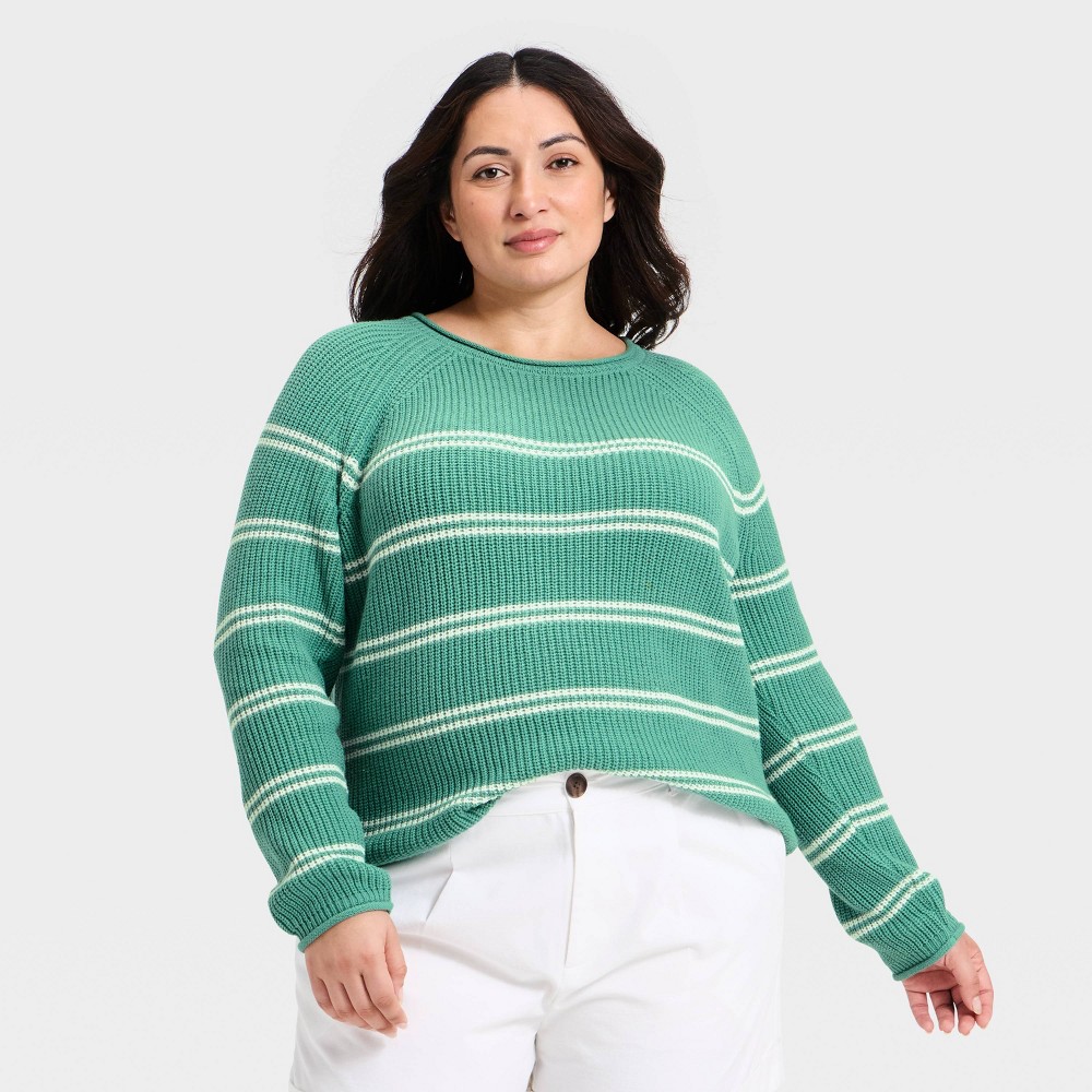 Women's Knit Pullover Sweater - A New Day™ Green/Cream Striped 3X