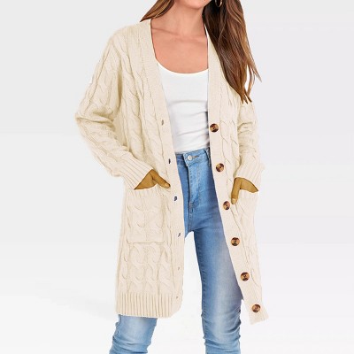 Womens Long Jackets Knee Length Cable Knit Sweater Cardigan Button Down Cozy Knitwear with Pockets Lightweight Knit Coats Fall Outwear