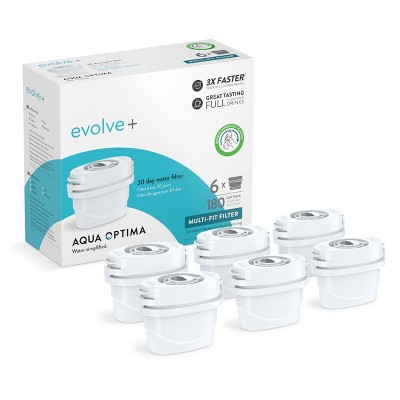 Aqua Optima Evolve+ Replacement Filter, Fits Pitchers, Perfect Pour, Filtered Dispensers, Kettles, NSF Certified, Reduces Microplastics, Pack of 6