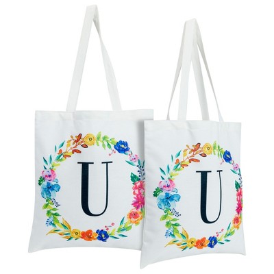 2 Pack Monogrammed Initial Tote Bags, Reusable Grocery Bag for Women, Embroidered, White, 29 in.