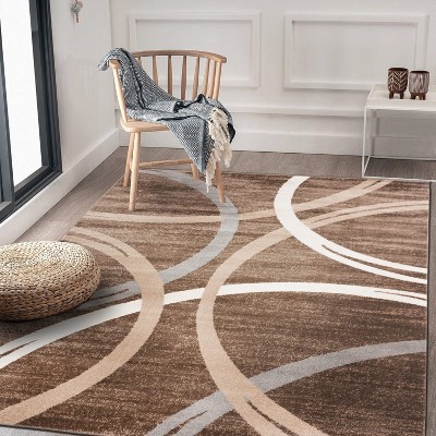 Brown and Beige Abstract Circles Design Area Rug 8'8" x 12'