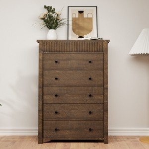 Fluted 5 Drawer Dresser, 5 Chest of Drawers Nightstand with Fluted Design, 48" Tall Wooden Dresser Closet for Bedroom Living Room Nursery - 1 of 4
