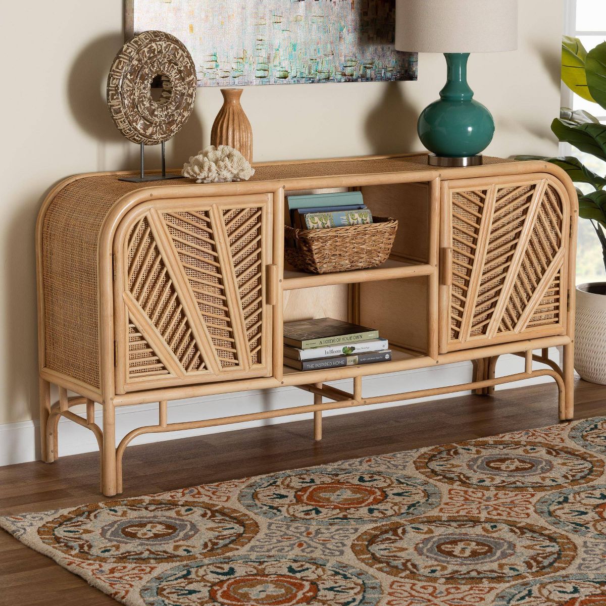 bali & pari Carabella Natural Rattan 2 Door Storage Cabinet Natural: Fixed Shelves, No Assembly Required - thumbnail 2