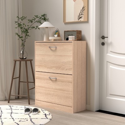 TIRAMISUBEST Oak Shoe Cabinet with Flip Doors - Modern Entryway Storage Organizer, Narrow Shoe Rack for Small Spaces, 21x9x43 Inches