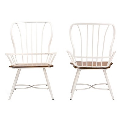 Windsor High Slat Metal Arm Chair in White with Dark Walnut Seat