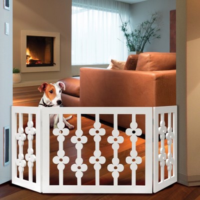 White Floral Wooden Freestanding Pet Gate for Dogs