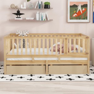 YOOCOZZ Full Size Wood Daybed with Fence Guardrails and 2 Drawers, Split into Independent Floor Bed & Daybed - 1 of 4