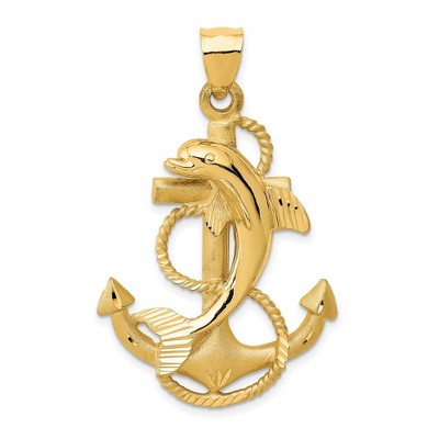 Black Bow Jewelry 14k Yellow Gold Large Anchor with Dolphin Pendant