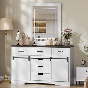 6 Drawer Dresser with Mirror & Sliding Barn Doors, Farmhouse Modern Vanity Dresser | Chest of Drawers for Bedroom & Living Room - 1 of 4