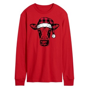 Men's - Instant Message - Cow Plaid Santa Hat Long Sleeve Graphic T-Shirt - 1 of 3