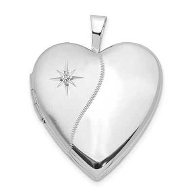 Black Bow Jewelry 20mm Satin and Polished Diamond Heart Locket in 14k White Gold