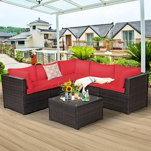 Costway 6PCS Patio Rattan Furniture Set Sectional Cushioned Sofa Deck Red