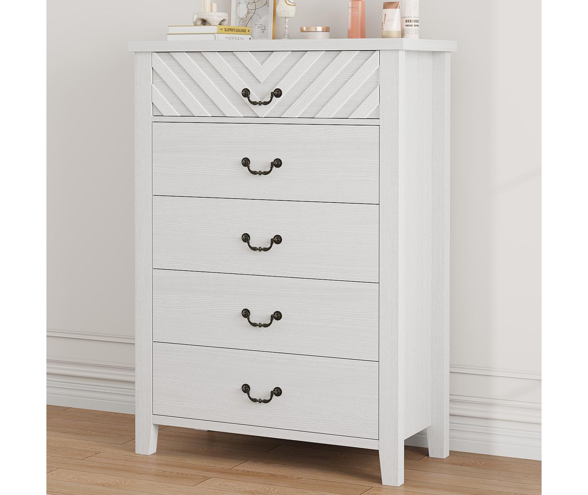 Garvee 5 Drawer Dresser for Bedroom, WHite 45.2" Tall Chest of Drawer with V Shape Design, Modern Wooden Closet Nightstand for Living Room Entryway