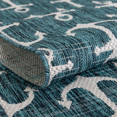 Teal and Ivory Nautical Anchor Outdoor Rug 4' x 6'