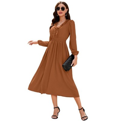 Womens Pleated Party Dress Long Sleeve V Neck Ruffle Elastic Empire Waist Wedding Guest Cocktail Dress