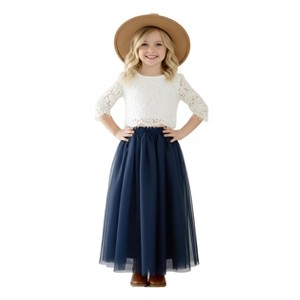 2Bunnies 2 Piece Lace Top Tulle Skirt Boho Rustic Flower Girl Dress Set - 1 of 4