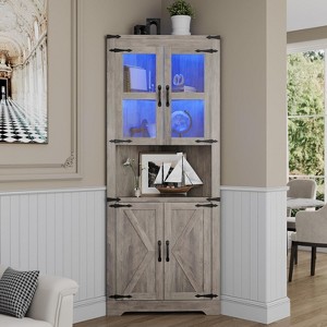 Tall Farmhouse Corner Storage Cabinet with Built-In Lights, Glass Door and Adjustable Shelves, Perfect for Living Room, Kitchen Organization - 1 of 4
