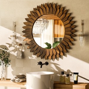 BEAUTYPEAK 20" Round Sunflower Wall Mirror, Boho Decorative Wood Frame, Vanity or Bathroom Wall Mirror for Living Room, Entryway, Bedroom - 1 of 4