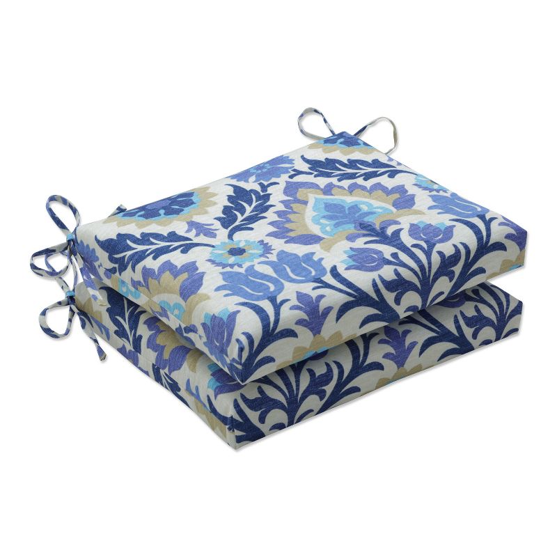 2pc Damask Outdoor Square Edged Seat Cushion Set Blue/Off-White - Pillow Perfect, 1 of 6