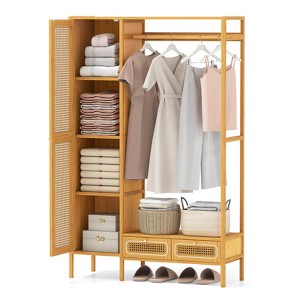 Costway Bamboo Clothing Rack with Cabinet Hanging Rod Storage Shelf & Drawers for Foyer - 1 of 4