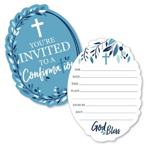 Big Dot of Happiness Confirmation Blue Elegant Cross - Shaped Fill-in Invitations - Boy Religious Party Invitation Cards with Envelopes - Set of 12 - 1 of 4