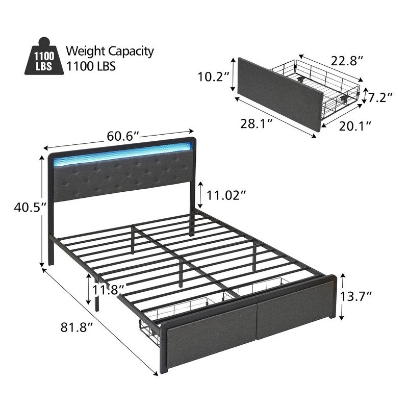 Queen Upholstered Bed Frame with LED Lights and 2 Storage Drawers, Platform Bed with Button Tufted Headboard,Strong Metal Slats Support,Dark Gray, 2 of 11