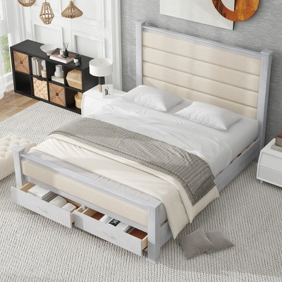 TIRAMISUBEST Queen Size Platform Bed with Upholstered Headboard, Footboard and 2 Storage Drawers, Wooden Bed Frame with Slats Support